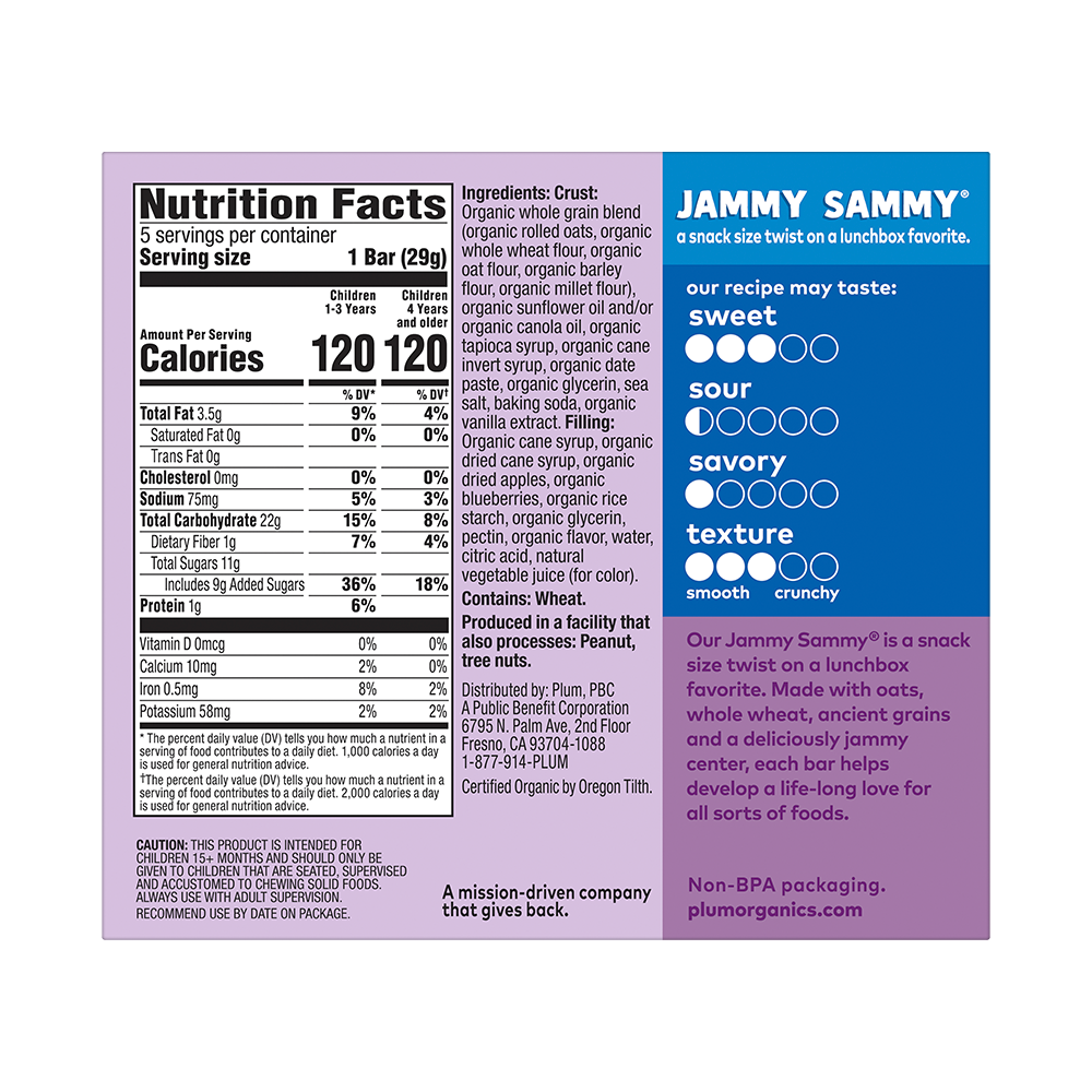 Barrita de blueberry & avena, Jammy Sammy - Plum Organics