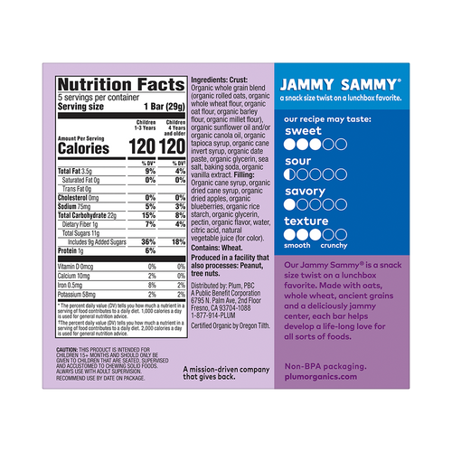 Caja de barritas de blueberry & avena, Jammy Sammy - Plum Organics
