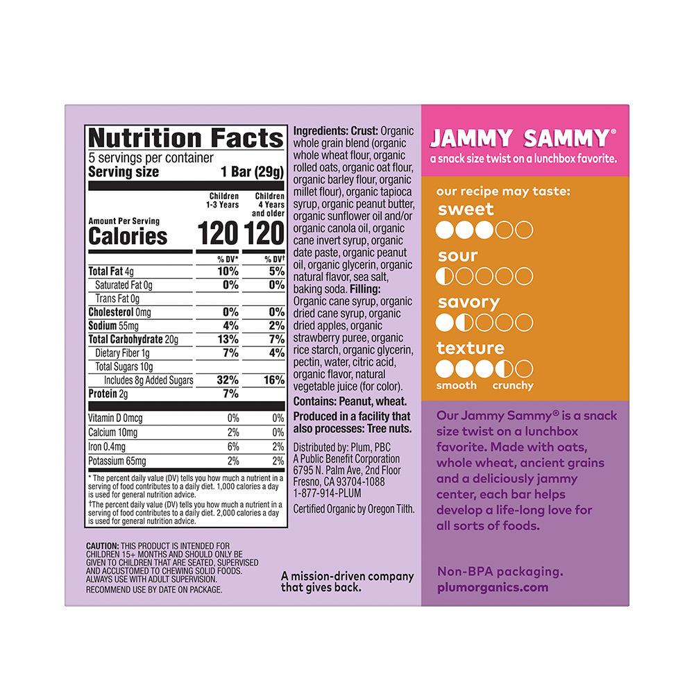 Barrita de peanut butter & fresa, Jammy Sammy - Plum Organics