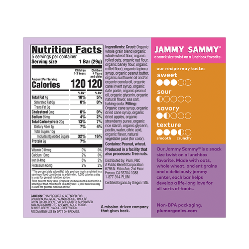 Caja de barritas de peanut butter & fresa, Jammy Sammy - Plum Organics